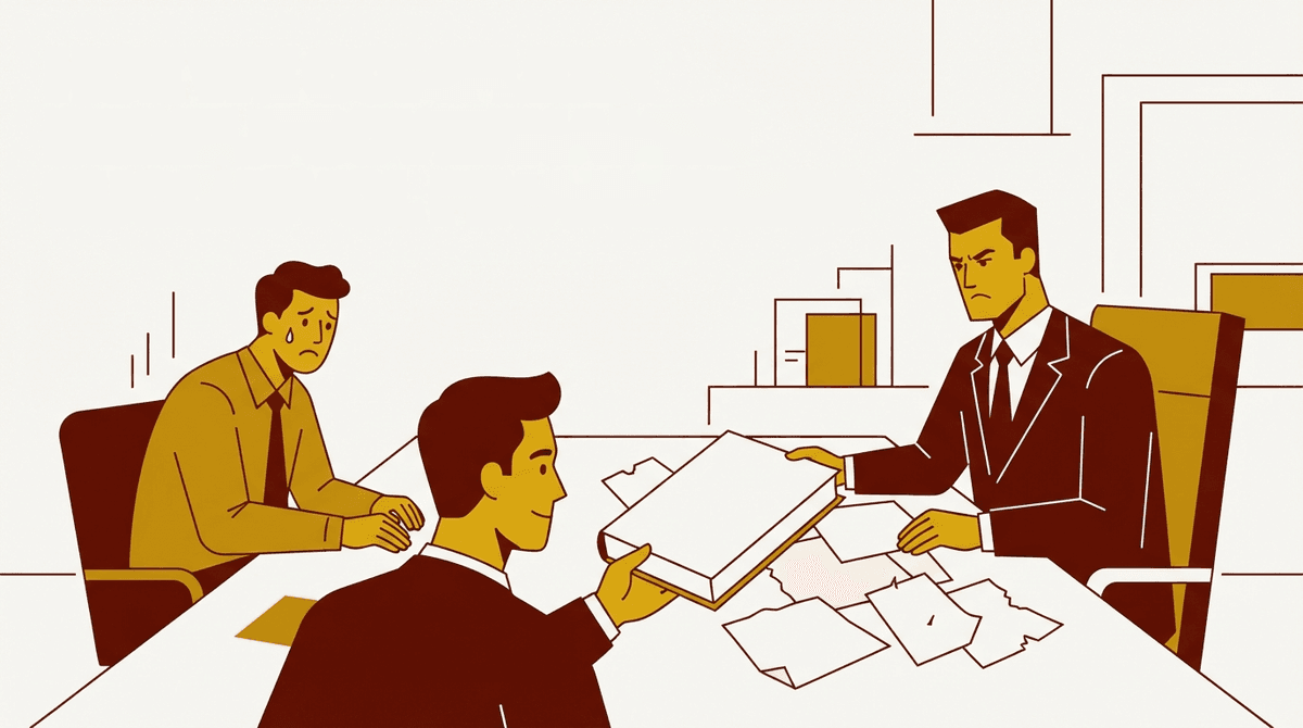 An illustration depicting a business meeting where a person presents a document to a stern-looking man, while another person looks on with a worried expression. The image is styled with a limited color palette of yellow, brown, and white.