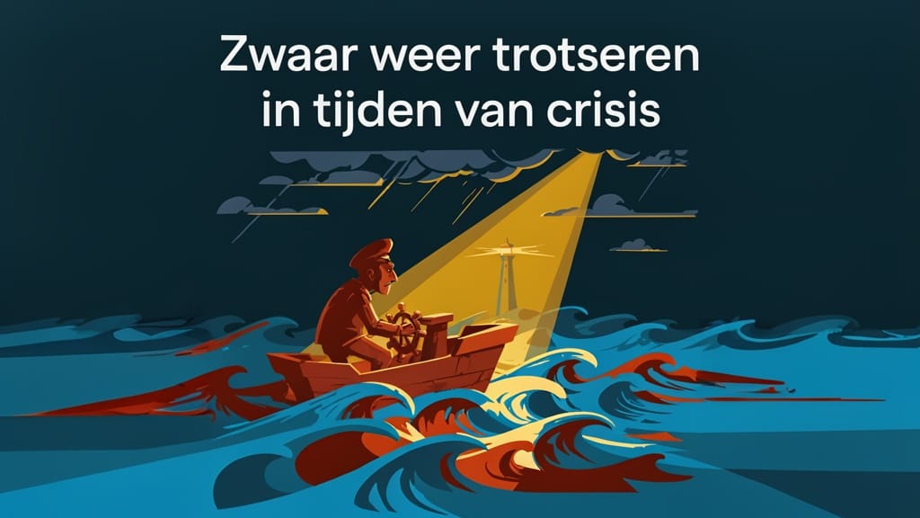 An illustration depicts a person steering a small boat through rough, stormy seas toward a lighthouse, accompanied by the Dutch text 'Zwaar weer trotseren in tijden van crisis'.