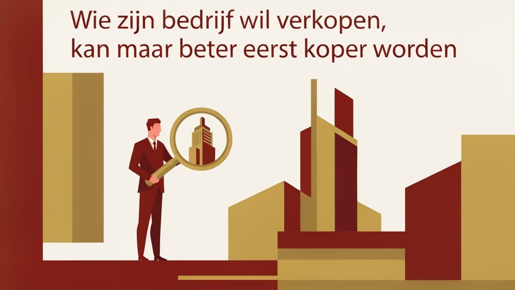 A stylized illustration shows a businessman holding a magnifying glass over a building, accompanied by Dutch text about selling a company.