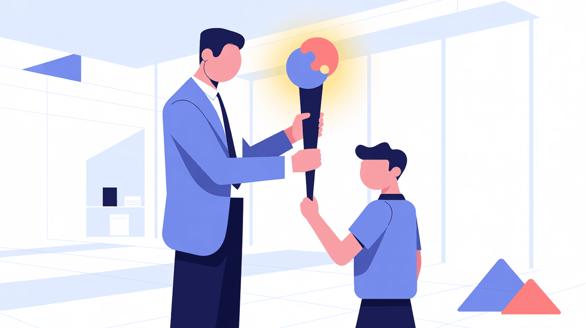 A flat-style illustration depicting an adult mentor passing a glowing, puzzle-piece torch to a young student in a modern, minimalist office setting.