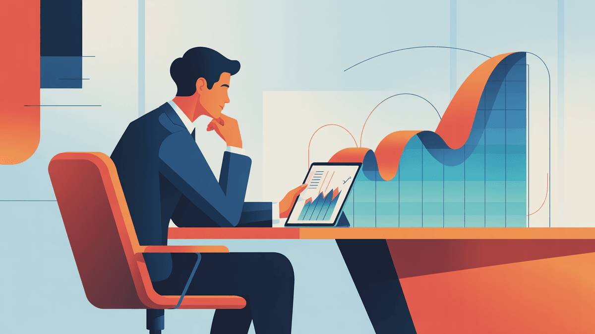 A stylized illustration of a businessman sitting at a desk, thoughtfully observing a large, rising digital chart on a tablet.